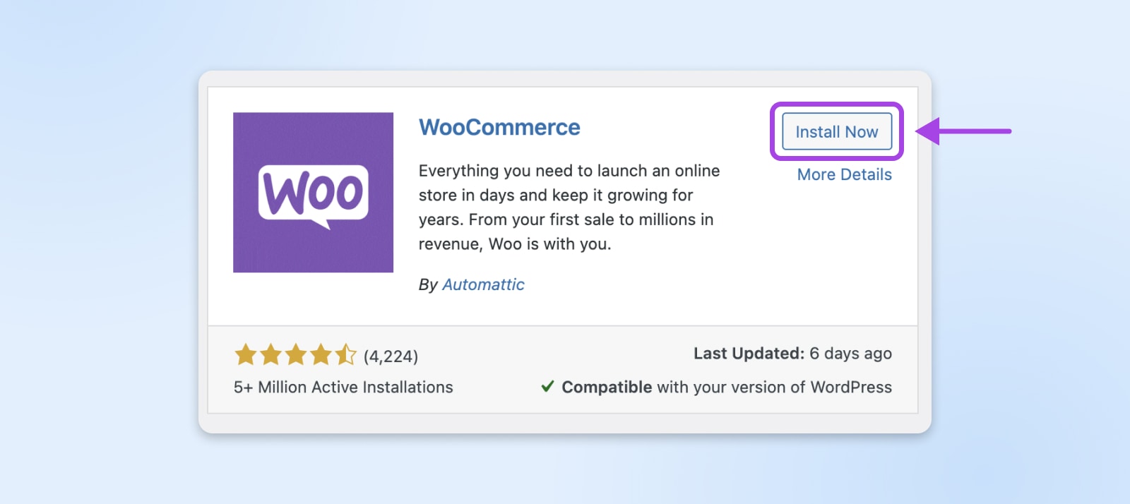 woocommerce plugin screenshot pointing out the "install now" button in the right-hand corner of the box