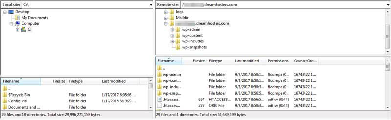 Captura pantalla conexión FTP en FileZilla