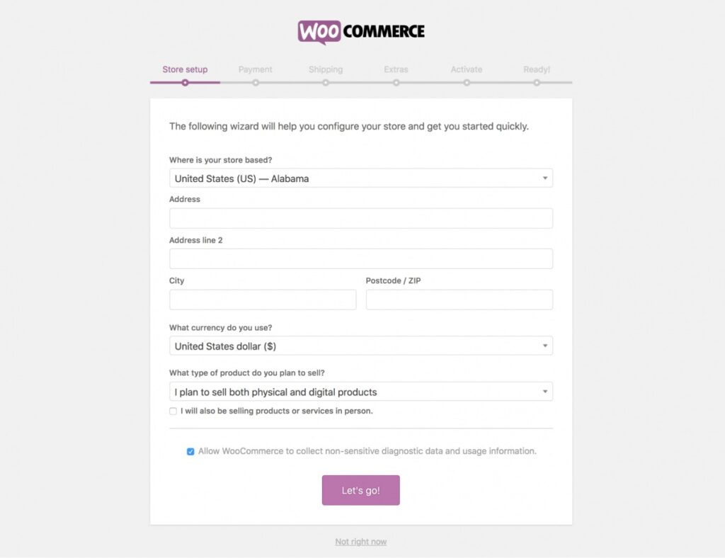 WooCommerce store setup wizard