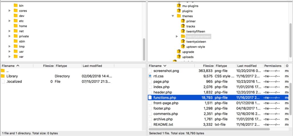 editing the WordPress functions.php file through an FTP client