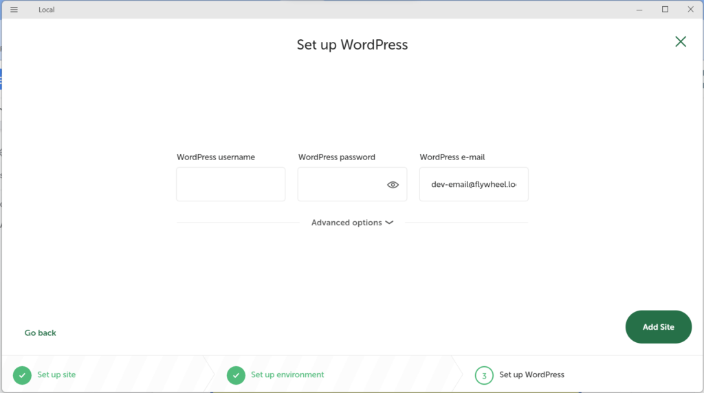 WordPress initial setup screen