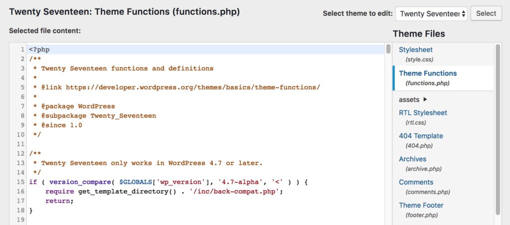 WordPress Theme Editor functions.php file