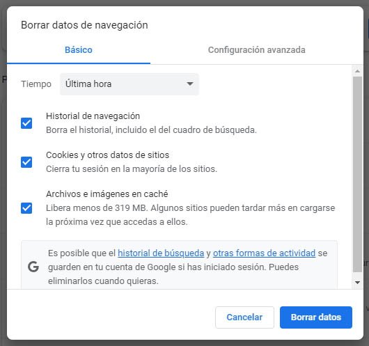 Borrar los datos de navegación en Google Chrome