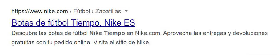 Una meta descripción de la página de novedades de Nike