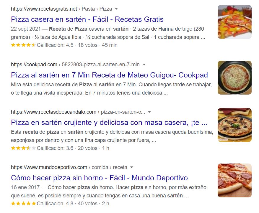Ejemplos de recetas de pizza en los motores de búsqueda