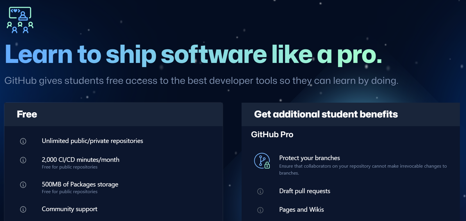 Selecting the GitHub free plan