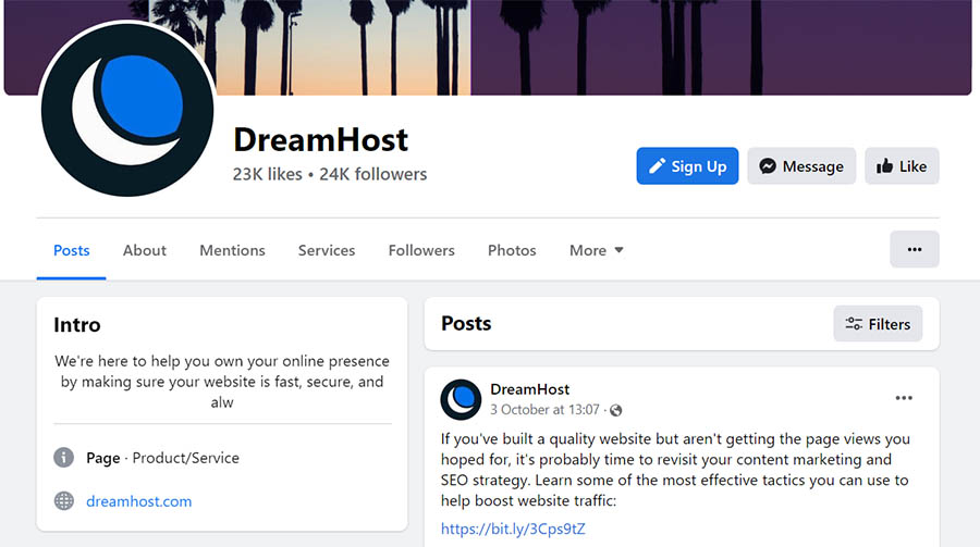 Página de Facebook de Dreamhost con un link a su sitio web. 