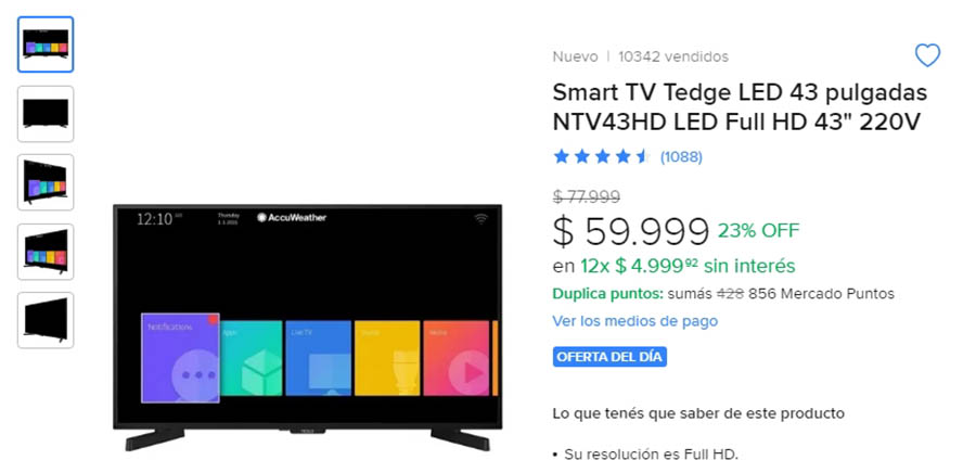 Una página de producto mostrando el precio de una televisión.