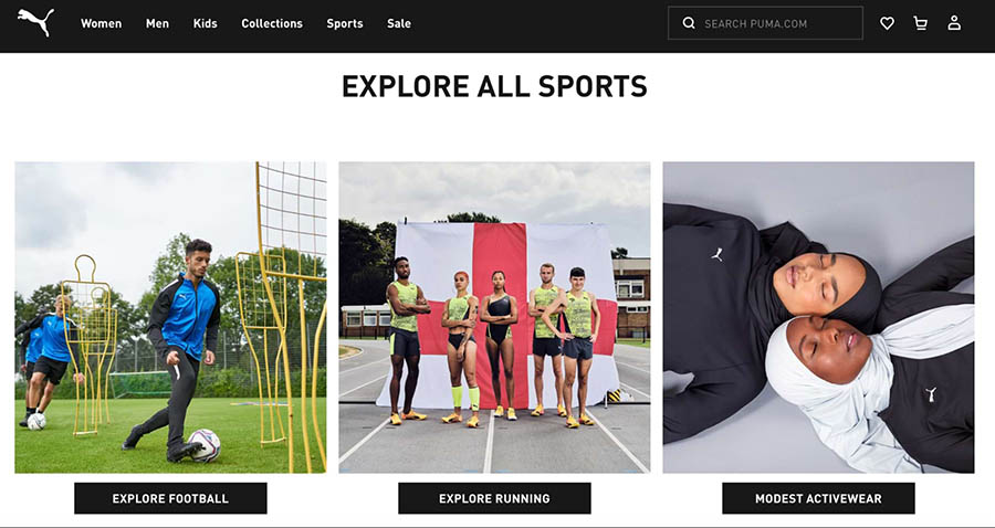 La sección de Deportes en el sitio web de Puma