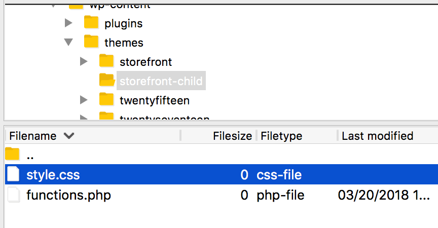 WordPress child theme location in FTP client