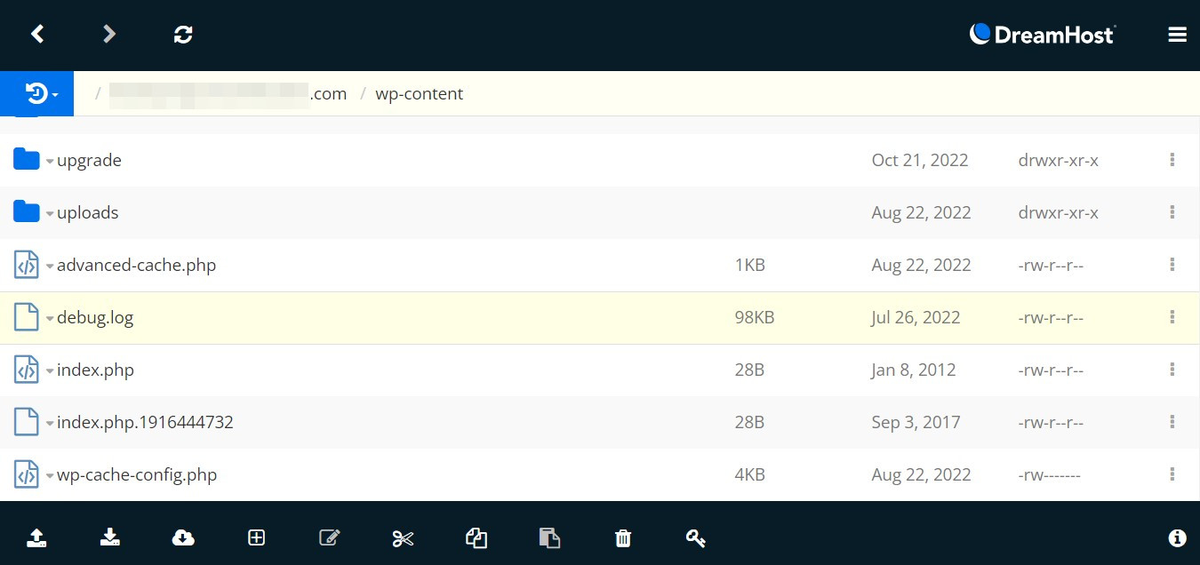 The debug.log file in the File Manager