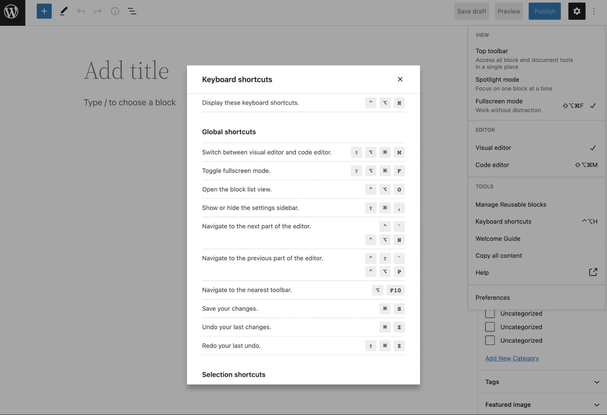 Gutenberg keyboard shortcuts