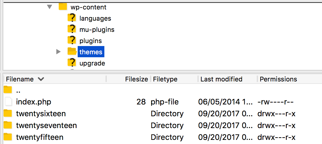 the WordPress themes folder in FTP client