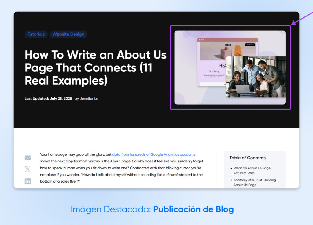 Captura de pantalla de una publicación de blog titulada “Cómo escribir una página Sobre nosotros que conecte”, que muestra la imagen destacada y el resumen del artículo.