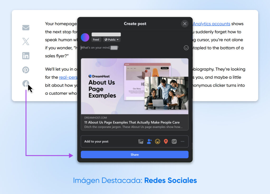 Vista previa de una publicación en redes sociales que comparte un artículo de blog titulado “Ejemplos de páginas Sobre nosotros” de DreamHost, con una imagen destacada y un fragmento de enlace.