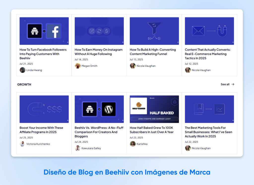 Diseño de blog en Beehiiv que muestra vistas previas de artículos con ilustraciones de marca en azul intenso, titulares, autores y fechas de publicación en un formato de cuadrícula limpio.