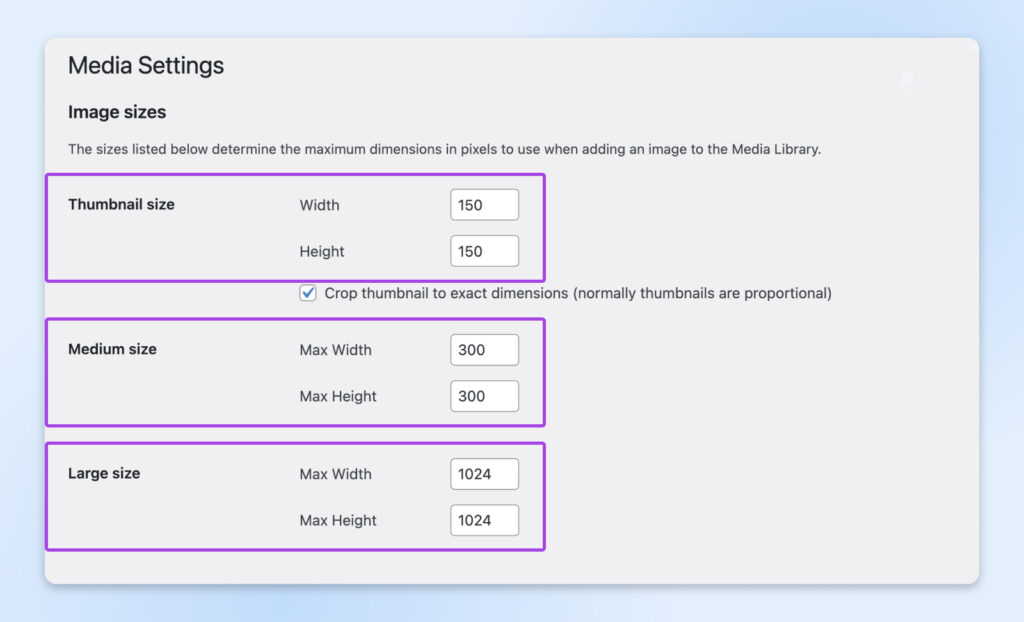 Pantalla de configuración de medios de WordPress que muestra los tamaños de imagen predeterminados: miniatura de 150×150, mediano de 300×300 y grande de 1024×1024.