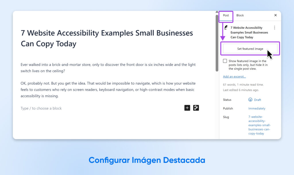 Editor de publicaciones de WordPress que muestra dónde establecer una imagen destacada en el panel de configuración de la publicación."