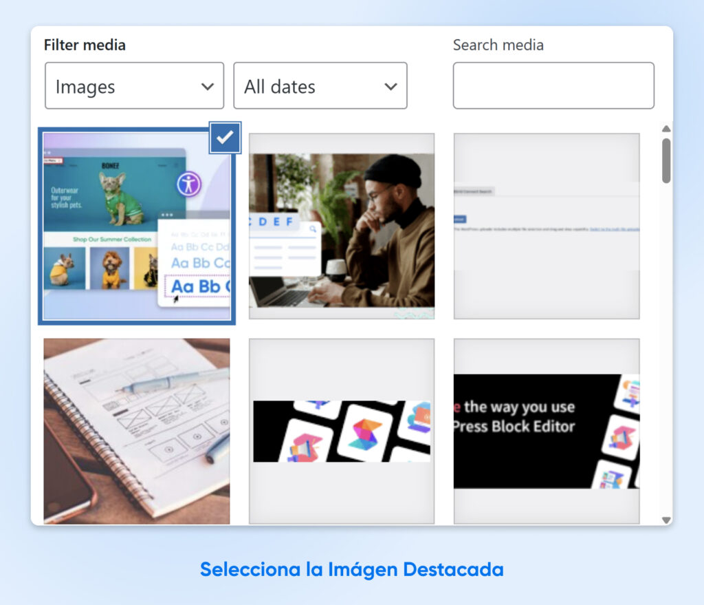 Biblioteca de medios de WordPress que muestra una imagen seleccionada para usar como imagen destacada en una publicación de blog.