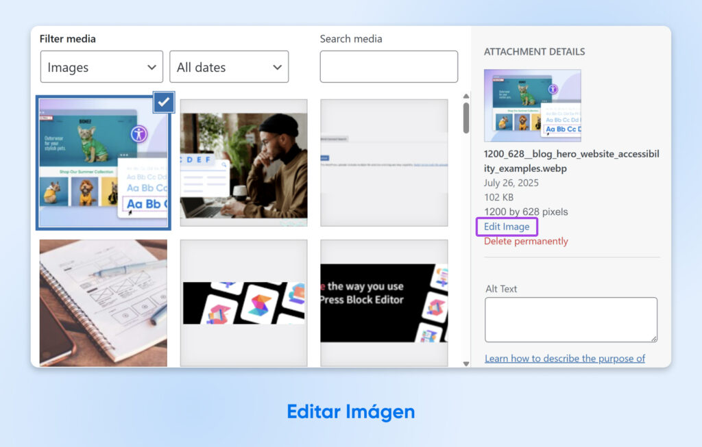 Panel de medios de WordPress que muestra los detalles de la imagen y el campo de texto alternativo para una imagen destacada seleccionada.