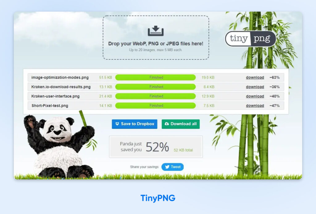 Captura de pantalla de la interfaz de TinyPNG que muestra varios archivos de imagen PNG siendo comprimidos, con un panda caricaturesco celebrando una reducción total del tamaño de archivo del 52%.