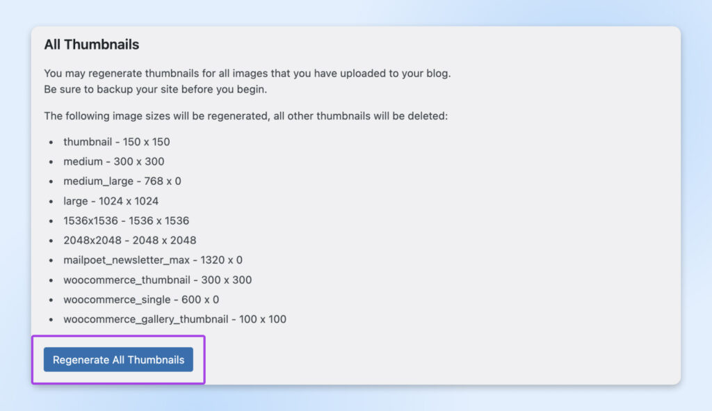 Lista de tamaños de imagen con un botón resaltado de “Regenerar todas las miniaturas” en una interfaz de plugin de WordPress.