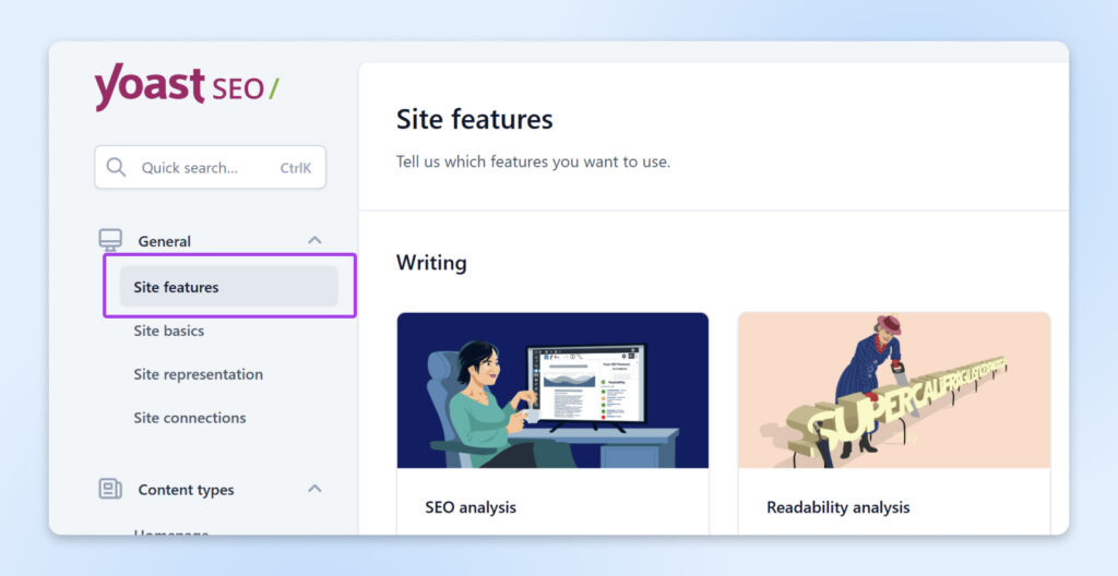 Pantalla del plugin Yoast SEO que muestra “Funciones del sitio” seleccionadas, con opciones para el análisis de SEO y legibilidad.