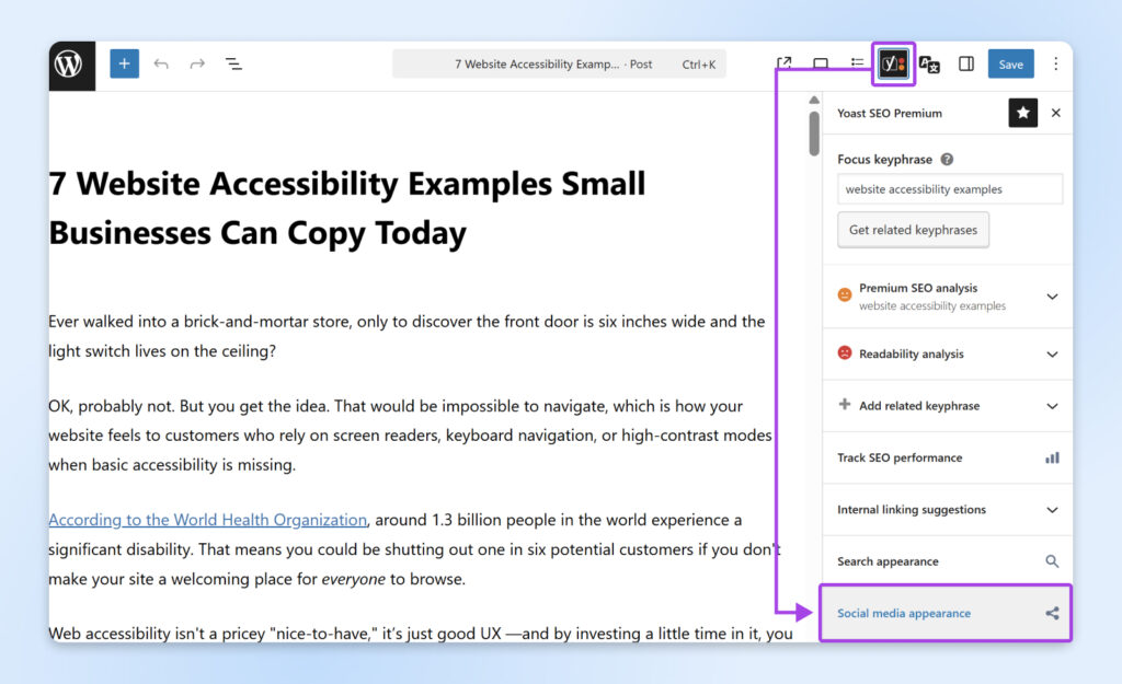 Editor de WordPress que muestra una publicación de blog con la barra lateral de Yoast SEO abierta, destacando la opción “Apariencia en redes sociales” para editar cómo se muestra la publicación en las plataformas sociales.