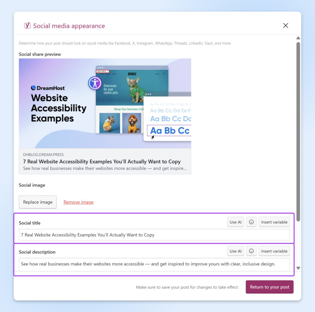 Configuración de “Apariencia en redes sociales” de Yoast SEO que muestra una vista previa de una publicación de blog con campos editables para el título y la descripción en redes sociales.
