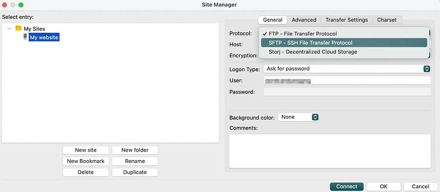 Opción Site Manager en FileZilla