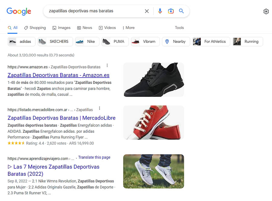 Una búsqueda de zapatillas deportivas en Google.