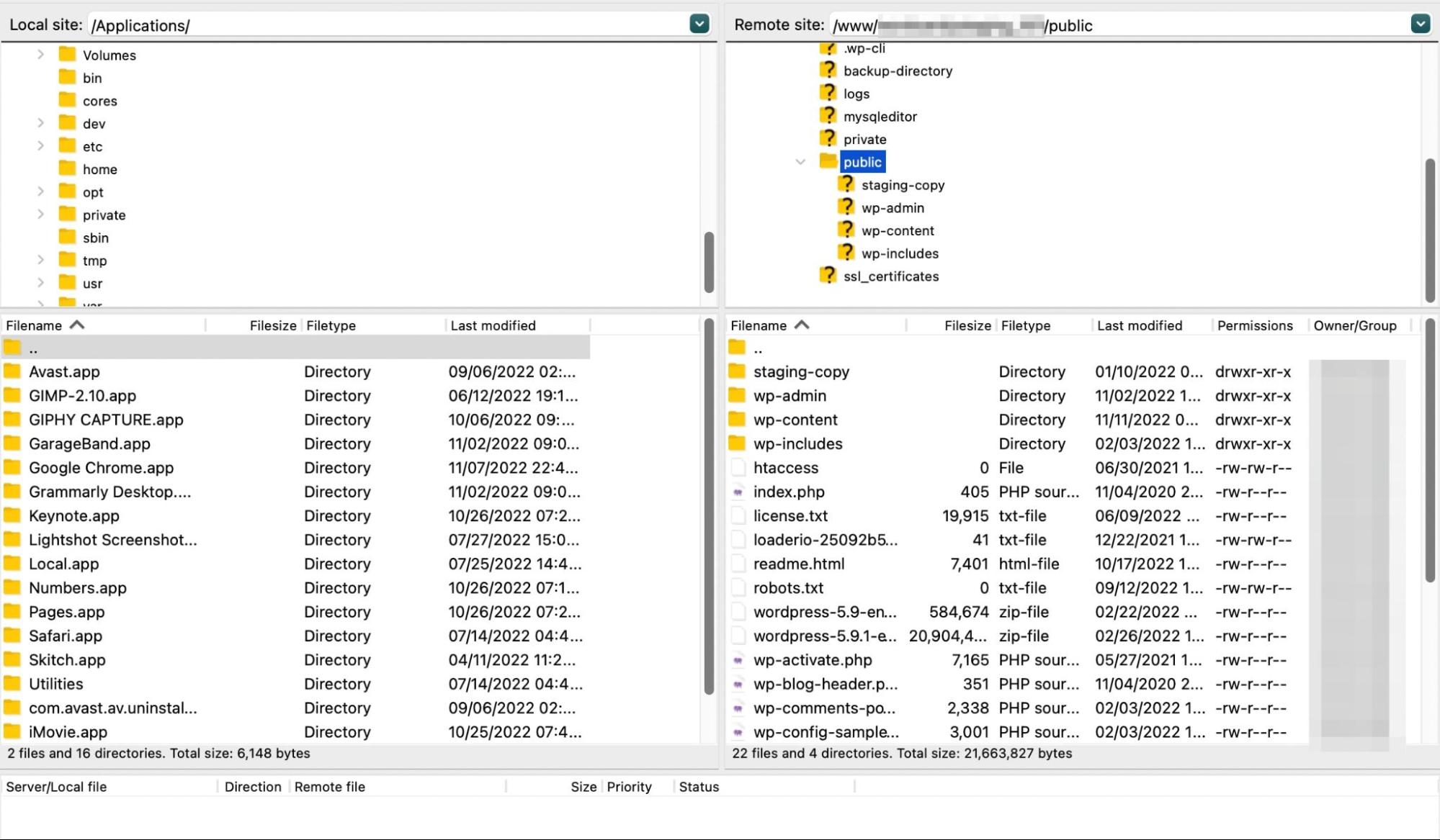 FileZilla dashboard