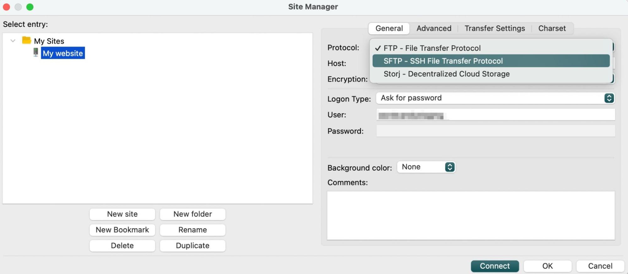 FileZilla Site Manager