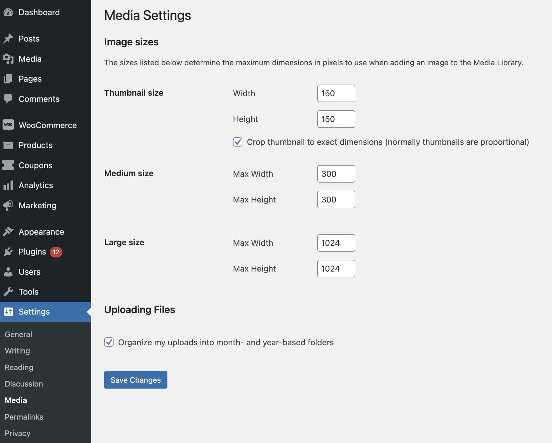 WordPress media settings