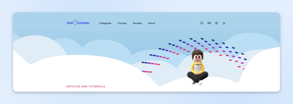 Sitio web de Daily Content con fondo azul claro y nubes blancas, que muestra a una persona ilustrada leyendo mientras líneas de colores atraviesan el cielo.