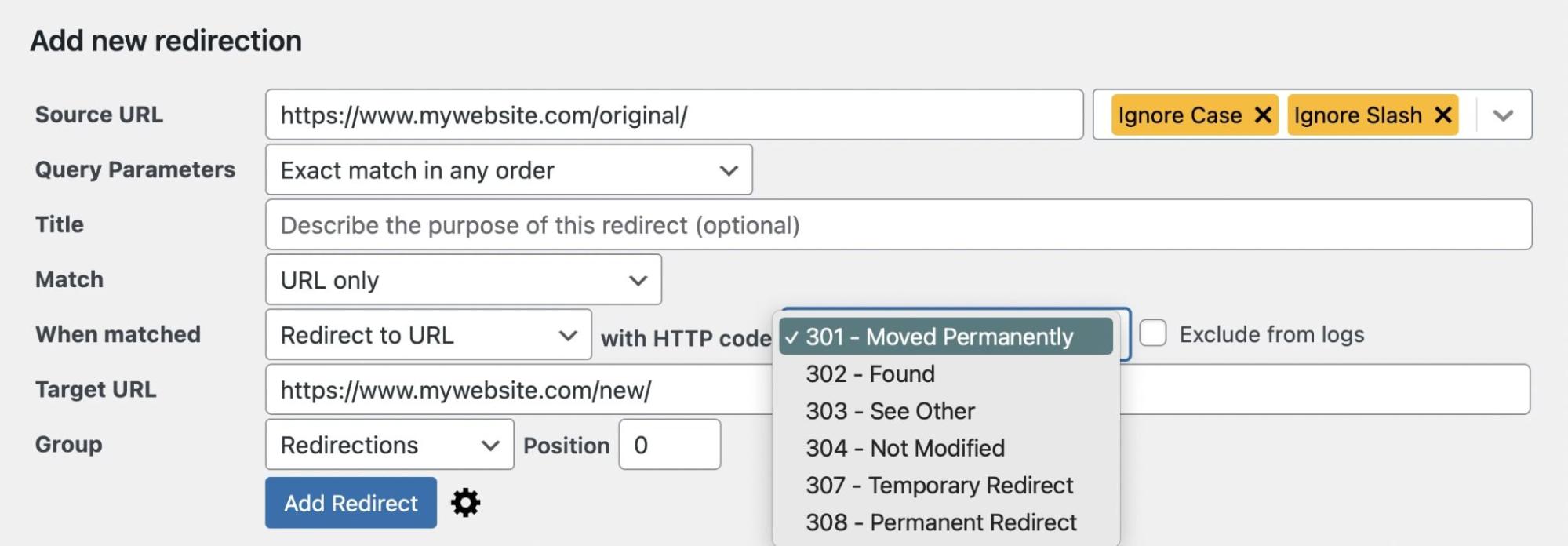 Create 301 permanent redirect