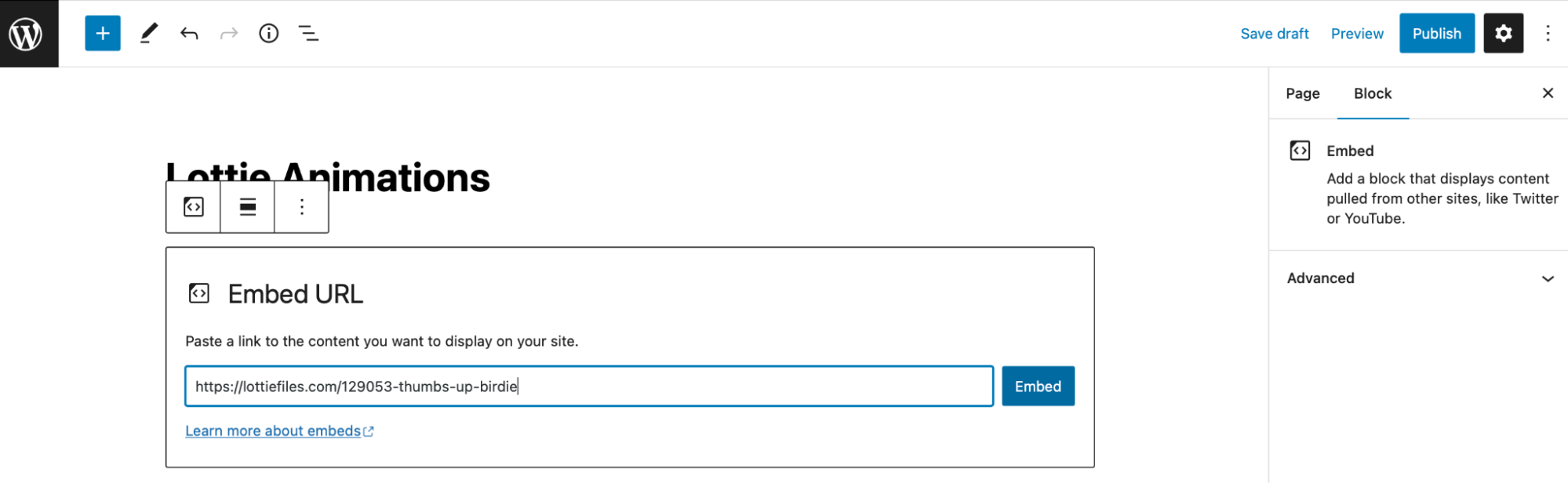 Paste the oEmbed Lottie URL into the Embed WordPress block