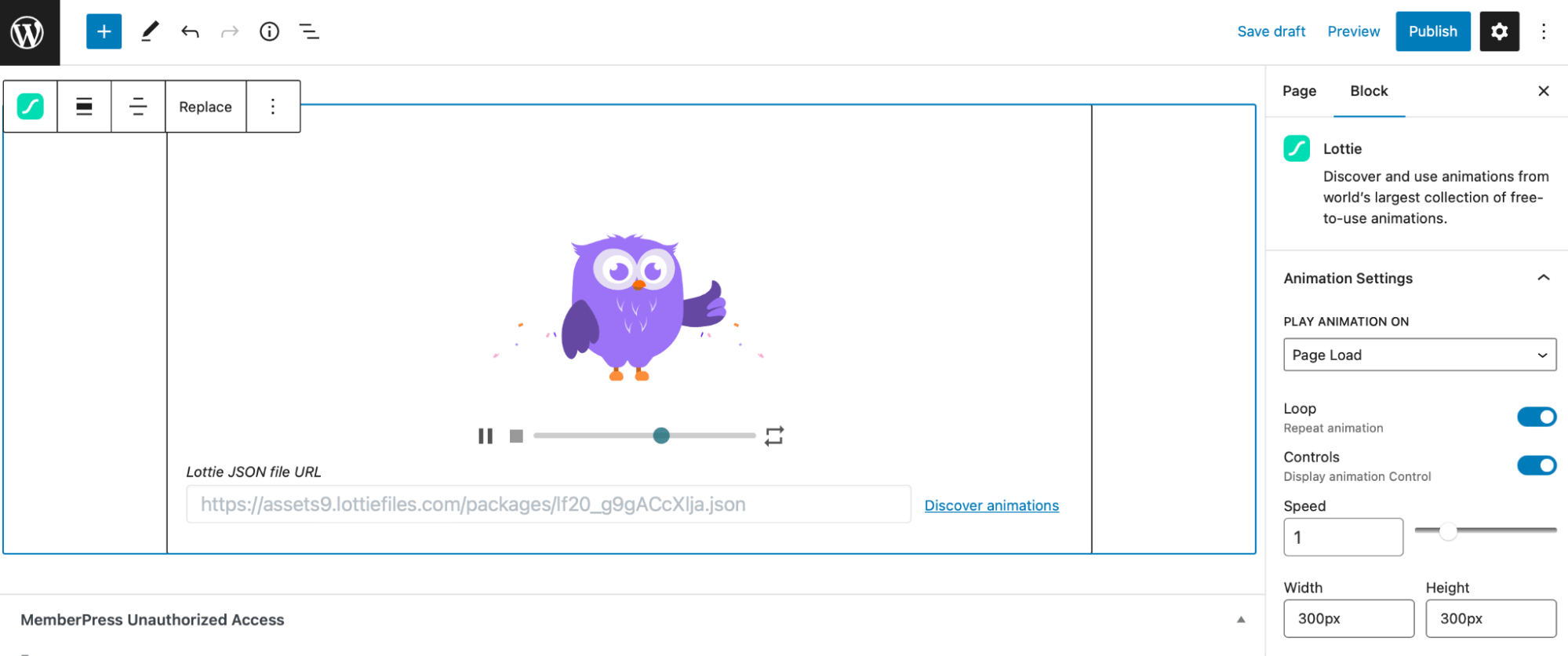 Preview of the purple owl animation in Gutenberg