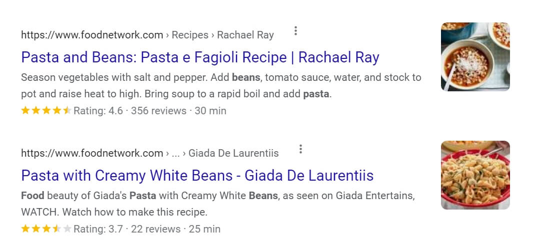 Recipe results with schema markup