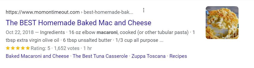 An example of a rich snippet for a macaroni recipe
