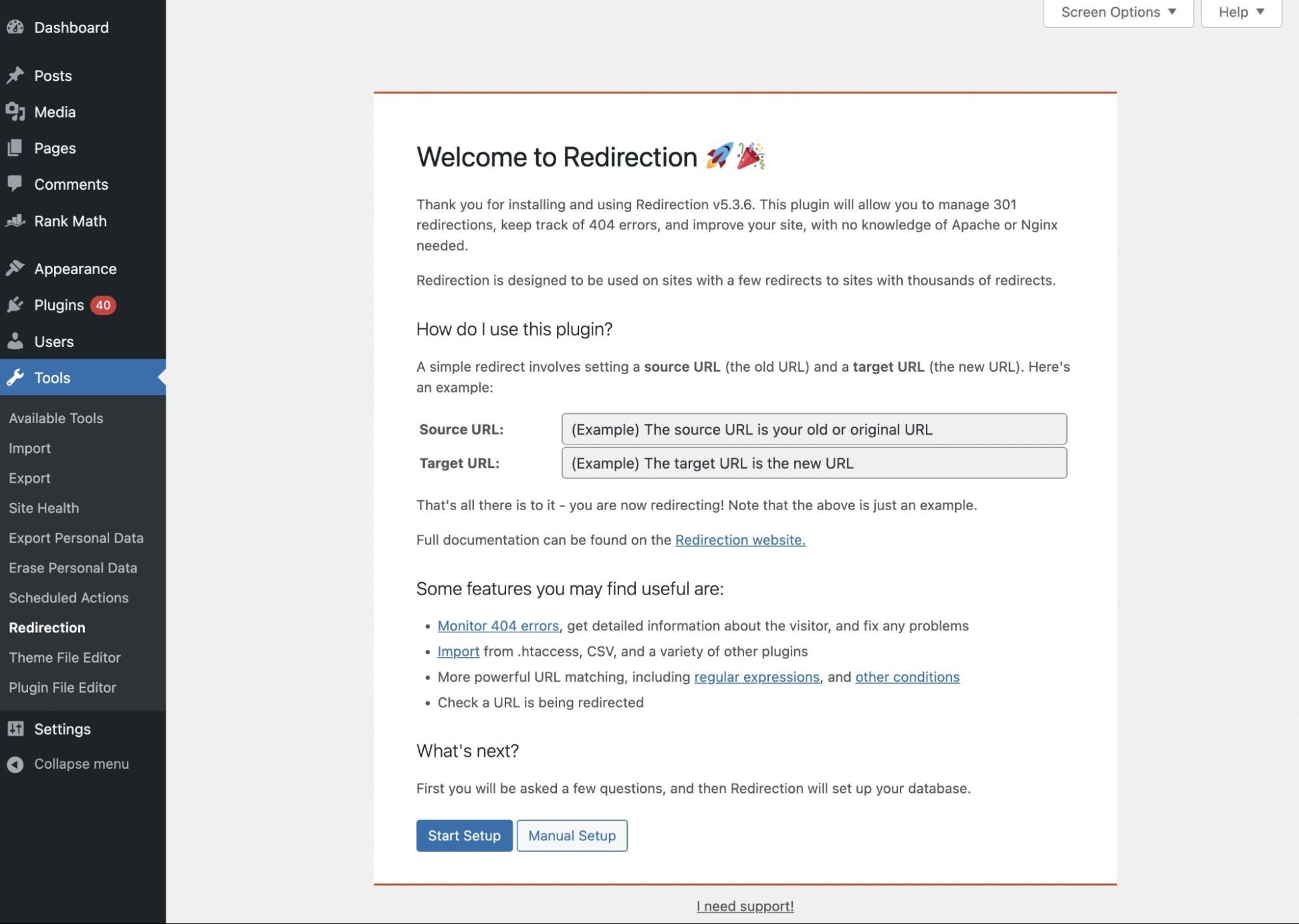 Redirection plugin setup