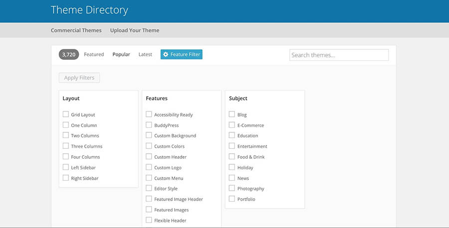 The WordPress Themes feature filter.