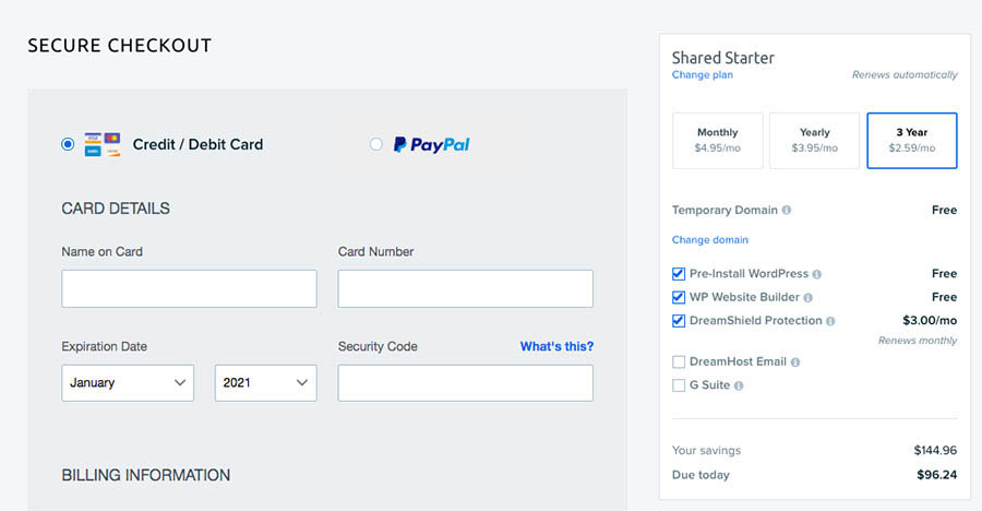 The billing information screen for a DreamHost hosting account