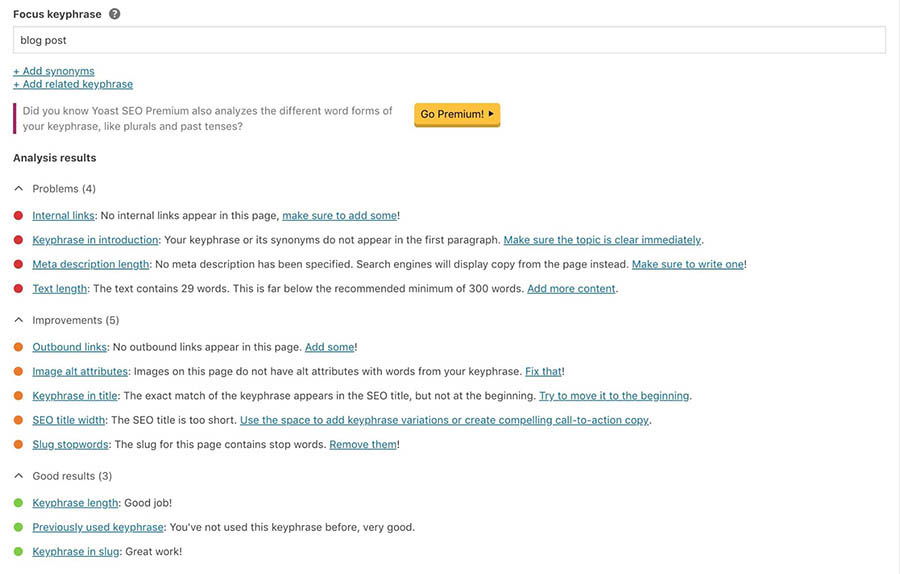 Yoast SEO plugin suggestions
