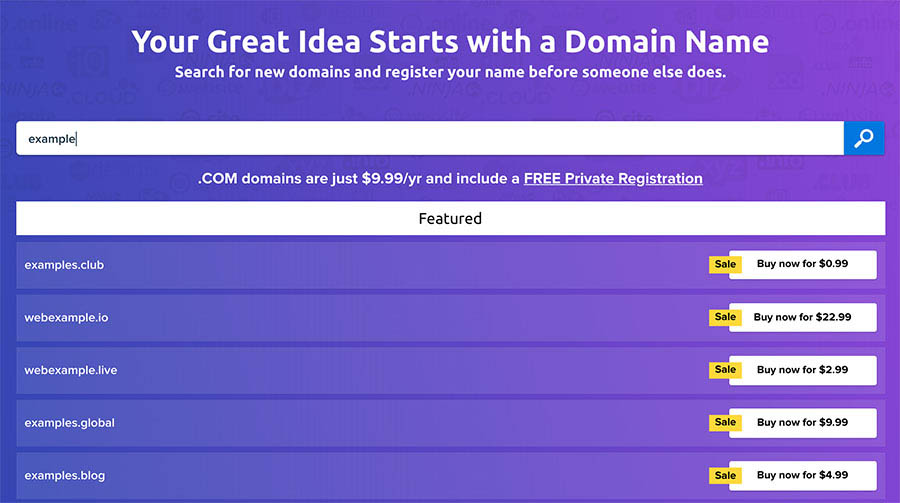 The DreamHost domain name search tool