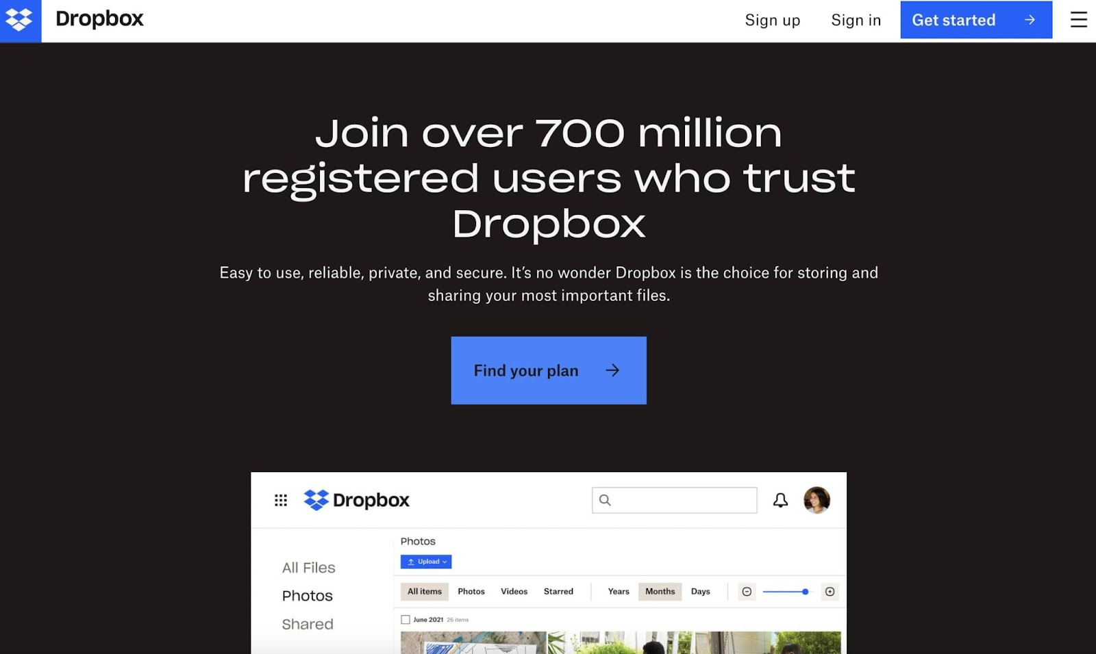 Dropbox plans call to action (CTA) example