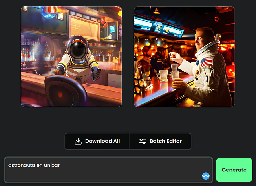 Ejemplos de imágenes creadas por IA (astronauta en un bar).