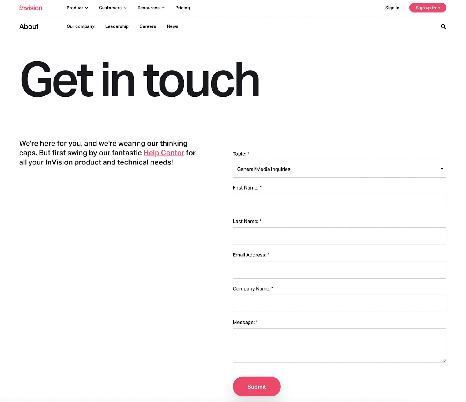 Invision contact page example