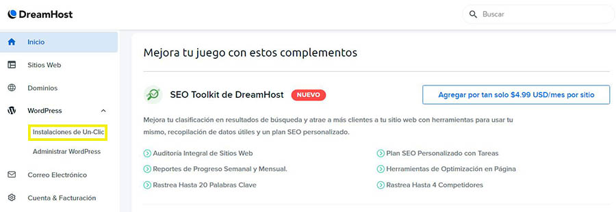 Instalaciones de WordPress de un solo clic en DreamHost. 