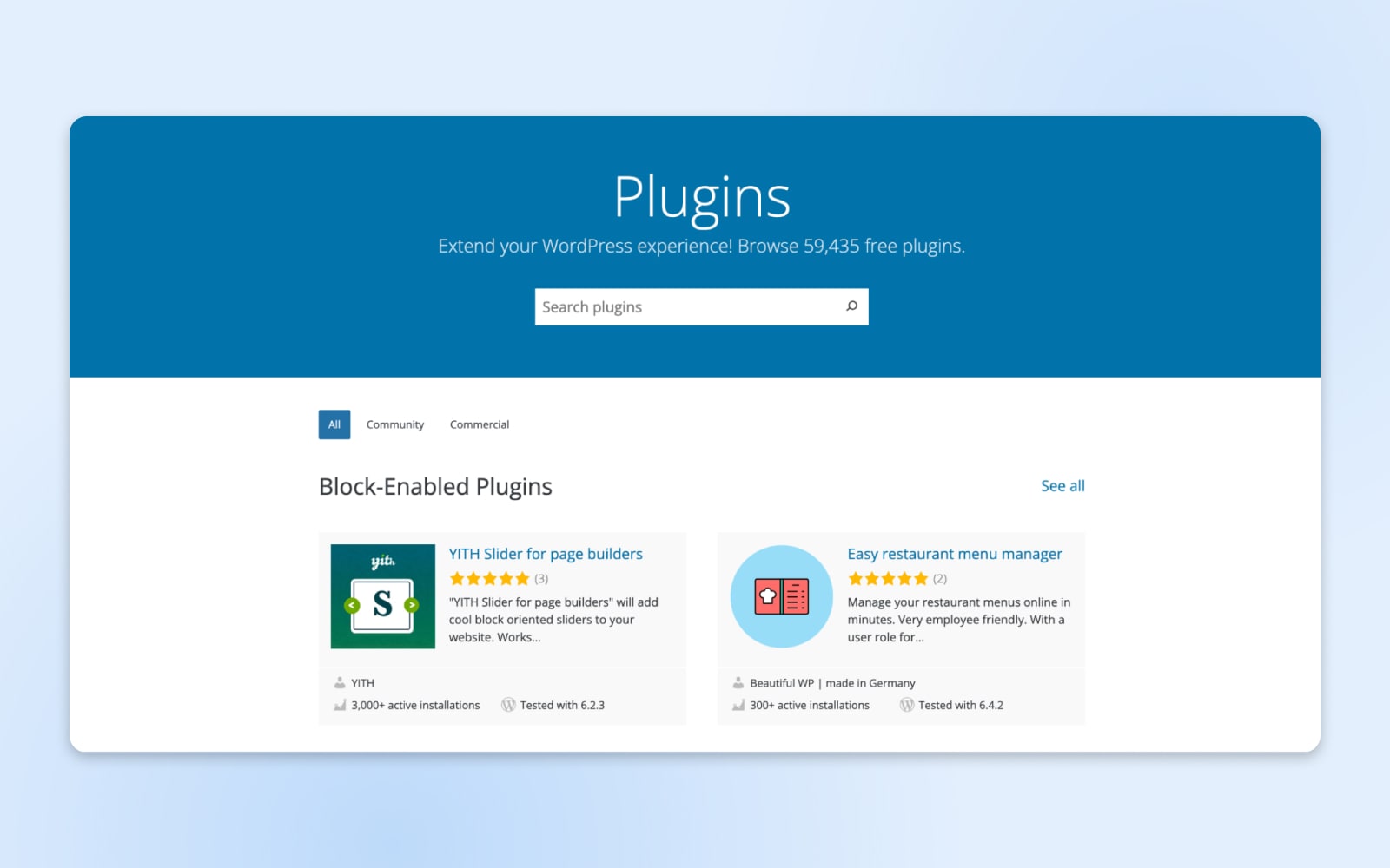 screenshot of WordPress plugins, featuring YITH Slider for page builders and Easy restaurant menu manager